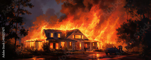 A photograph of a burning house at night, with flames illuminating the surroundings and casting ominous shadows. photo