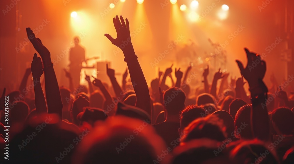Warm-hued concert scene with crowd silhouettes and raised hands