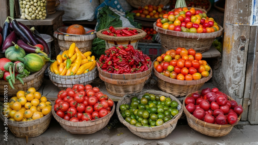 An array of fresh, colorful vegetables neatly arranged in baskets in a marketplace, showcasing organic produce