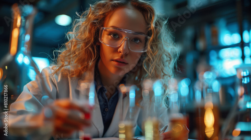 a young beautiful woman with glasses pours the substance into test tubes in a medical laboratory
