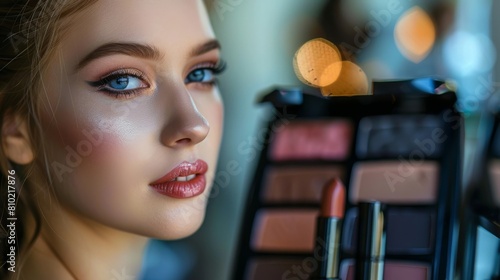 Detail shot of a female with beautiful makeup, showcasing a cosmetics palette