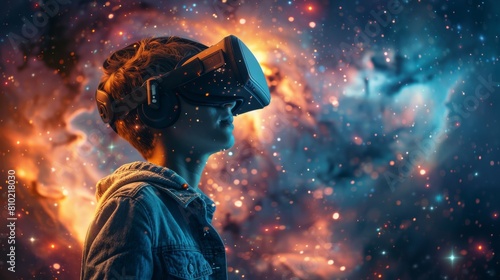 A young boy fully immersed in a virtual reality experience with a galaxy cosmos backdrop