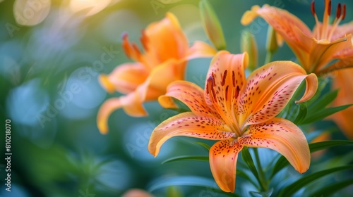 Bright  multi-colored orange and yellow lilies pop against the dark  lush green of the surrounding foliage