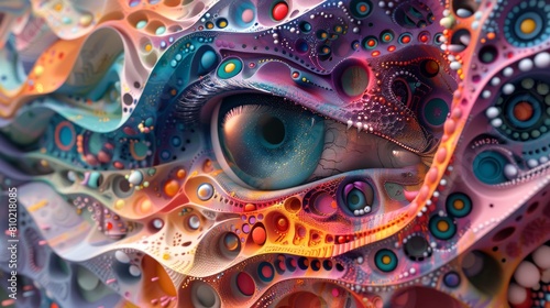 A surreal and colorful digital artwork of an eye pattern with intricate psychedelic details photo