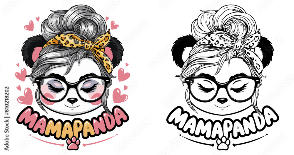 panda mom 2024 mother day motherhood vector design, messy bun hair Mamapanda