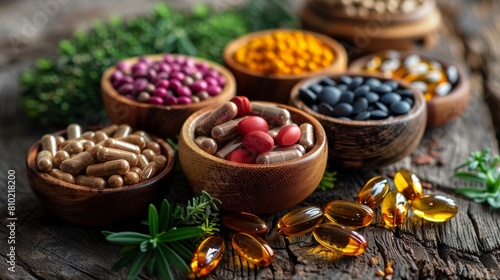 An array of colorful dietary supplements in wooden bowls, surrounded by fresh herbs, highlighting health and natural medicine concepts © Oskar