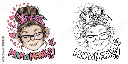 monkey mom 2024 mother day motherhood vector design, messy bun hair Mamamonkey