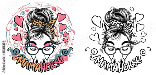 horse mom 2024 mother day motherhood vector design, messy bun hair Mamahorse
