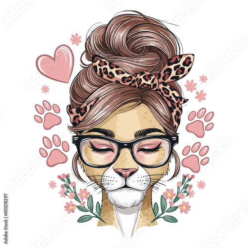 liom mom 2024 mother day motherhood vector design, messy bun hair Lioness mama