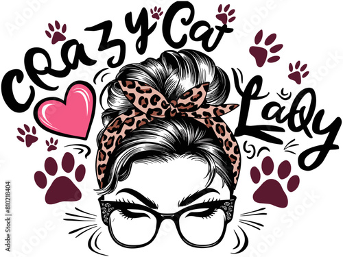 cat mom 2024 mother day motherhood vector design, messy bun hair crazy cat lady