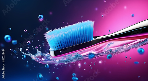 neon toothbrush in splashes on purple pink background