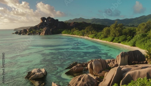 panoramic view of anse source d argent beach in the seychelles photo