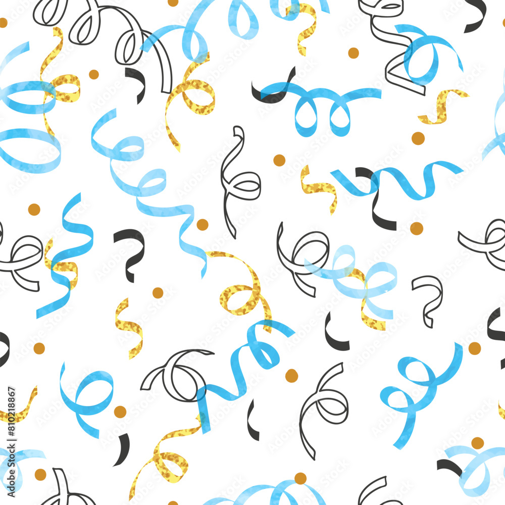 Confetti and serpentine ribbons pattern. Vector celebration background. Abstract party design in blue and golden colors Confetti and serpentine ribbons pattern. Vector celebration background. Abstract party design in blue and golden colors
