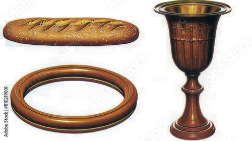 Artistic watercolor illustration featuring culinary motifs with deep Christian significance, depicting bread and red wine as symbols of the Eucharist