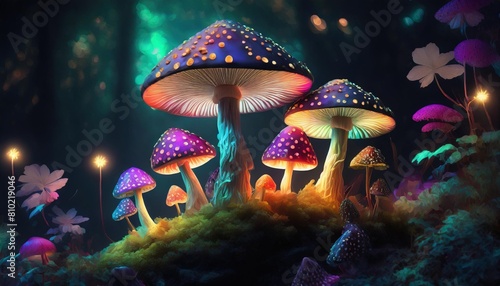 fantasy mushrooms on dark background fantasy colorful illustration generative ai