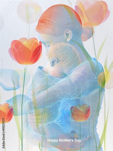 Happy Mothers Day spring card design. Modern 3d style illustration with woman and her child. Beautiful template for banner, poster, card, postcard or printable.