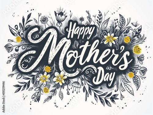 Happy Mothers Day greeting illustrations. Brush calligraphy text on floral hand drawn style pattern background. Yellow and black graphic print template for banner, poster, card, postcard or printable.