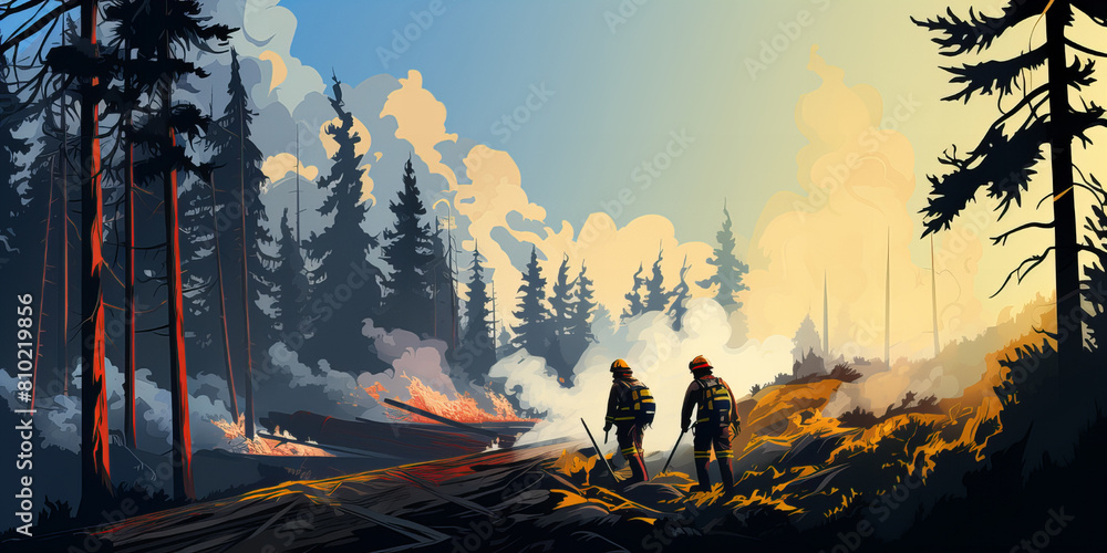 A dramatic photograph capturing firefighters battling a forest fire.  Ideal for illustrating themes of emergency response, environmental conservation, and wildfire prevention.