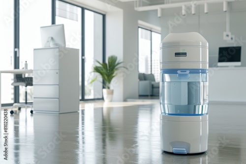 Modern office workspace with big water cooler in minimalistic style and blue accent, 85mm lens photo