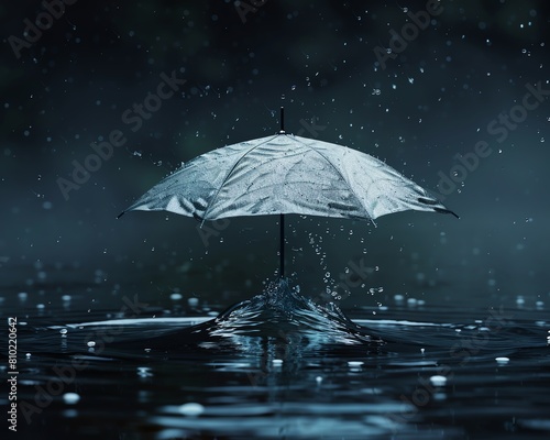 A solitary umbrella appears to be floating on a water surface during a rainy night  creating a reflective and moody atmosphere.