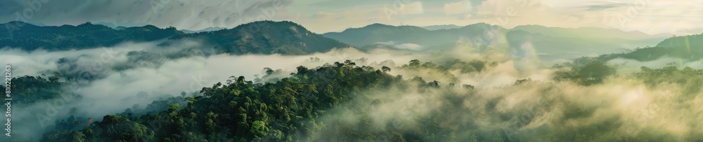A captivating photograph of a jungle forest shrouded in mist. Ideal for illustrating the beauty and allure of tropical rainforests and exotic landscapes A captivating photograph of a jungle forest shrouded in mist. Ideal for illustrating the beauty and allure of tropical rainforests and exotic landscapes