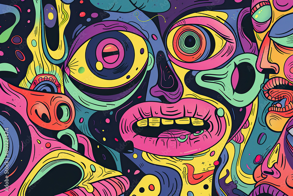 Surreal Axid Face, Colorful Comic Pen Art, Abstract Illustration Design Surreal Axid Face, Colorful Comic Pen Art, Abstract Illustration Design