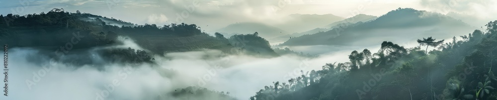 A captivating photograph of a jungle forest shrouded in mist. Ideal for illustrating the beauty and allure of tropical rainforests and exotic landscapes