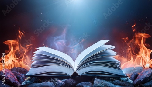 open book on a mystical backdrop with smoke and embers illustrating concepts of imagination and tales