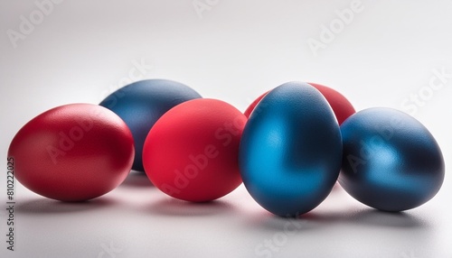 red and blue painted easter eggs isolated on white background with copy space