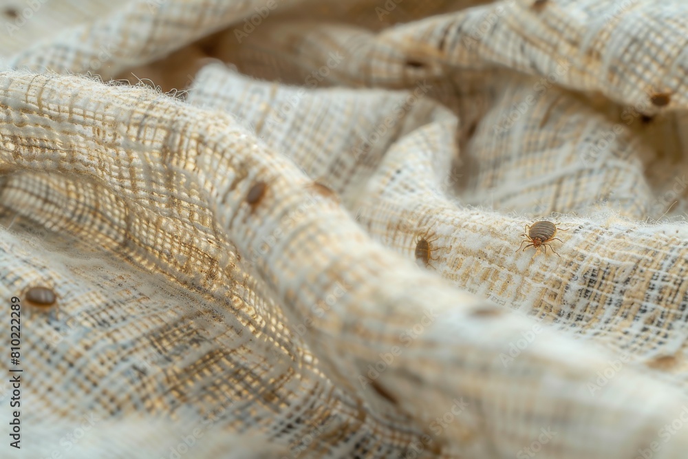 Close-up shot of a tiny mite crawling on a beige fabric, showcasing detailed textures and natural fibers in macro photography Close-up shot of a tiny mite crawling on a beige fabric, showcasing detailed textures and natural fibers in macro photography