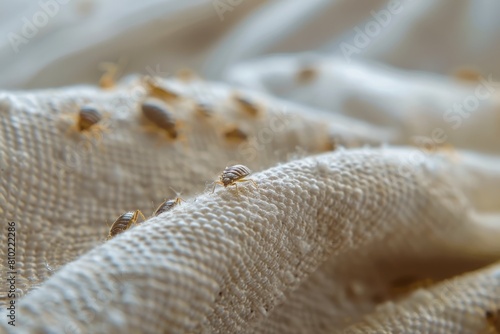 Close-up of bed bugs on a creased mattress cover, highlighting a domestic infestation problem, with focus on pest control issues photo