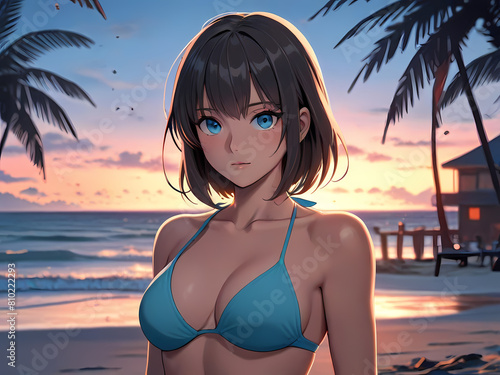 Sexy anime japanese girl big blue eyes on beach