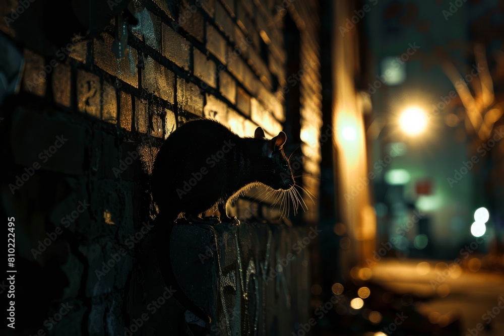 Black cat perched on brick wall, illuminated by golden streetlights in a quiet city at night