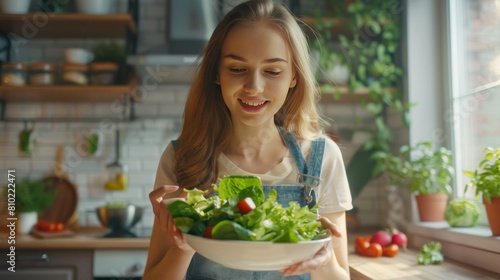 A woman is holding a salad in a white plate