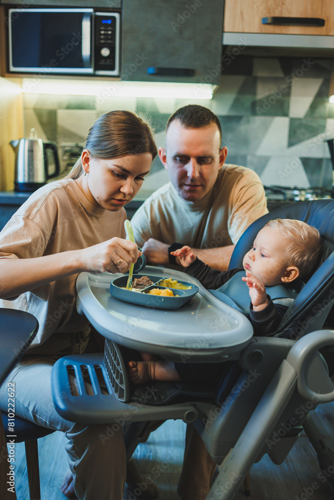 The first pure baby food. Mother gives a spoonful of vegetables in a chair for feeding at home. Baby food at home. Children's diet The first pure baby food. Mother gives a spoonful of vegetables in a chair for feeding at home. Baby food at home. Children's diet