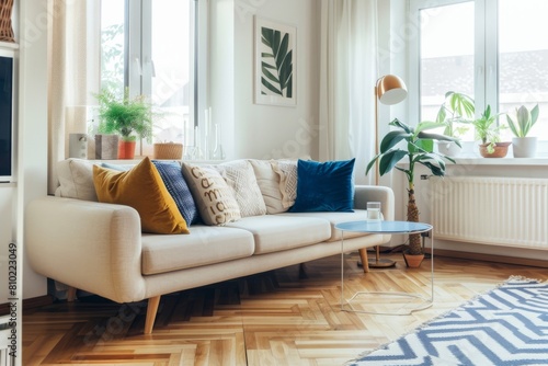 Modern living room with cozy sofa  colorful pillows  indoor plants  and stylish furniture bathed in natural sunlight