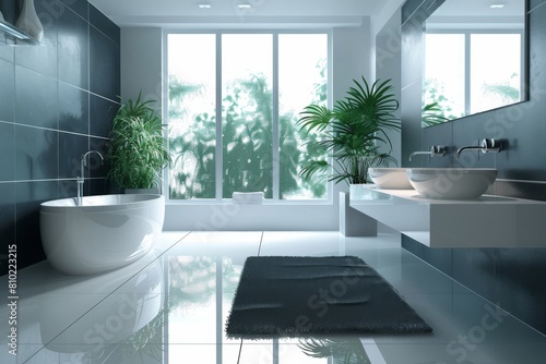 Modern bathroom with shiny tiles  showcasing a standalone bathtub  double sinks  greenery  and a frosted glass window