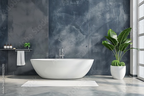 Elegant contemporary bathroom featuring a minimalist freestanding bathtub  concrete walls  and a vibrant potted plant by a large window