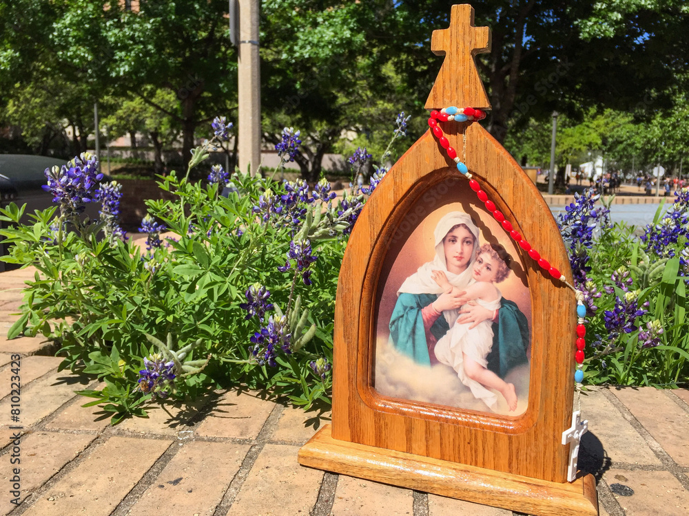 Obraz premium Small image of Our Lady of Schoenstatt resting against a background of beautiful bluebonnets