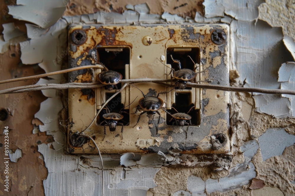 Close-up view of a decaying electrical outlet with dangling wires in a dilapidated wall, symbolizing neglect and decay