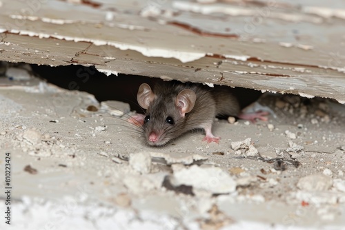 Young mouse cautiously peers out from a ragged hole in an old, dilapidated wall, showcasing natural rodent behavior in urban settings