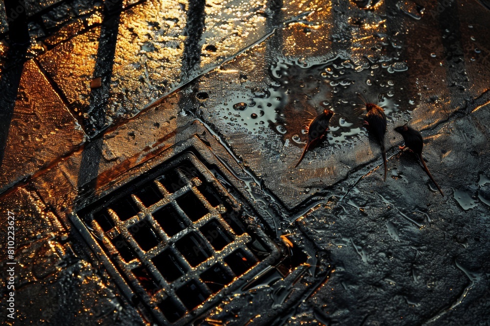 Fototapeta premium Golden hour in the city: rain-soaked pavement and drain shimmering in the sunset light, creating an urban ambiance
