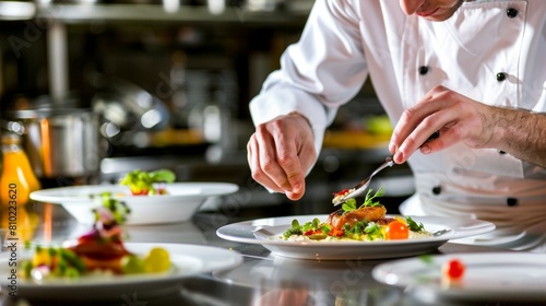 Professional chef carefully garnishing a dish with fresh herbs in a restaurant kitchen.