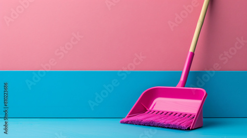 Plastic dustpan with cleaning broom on color background photo