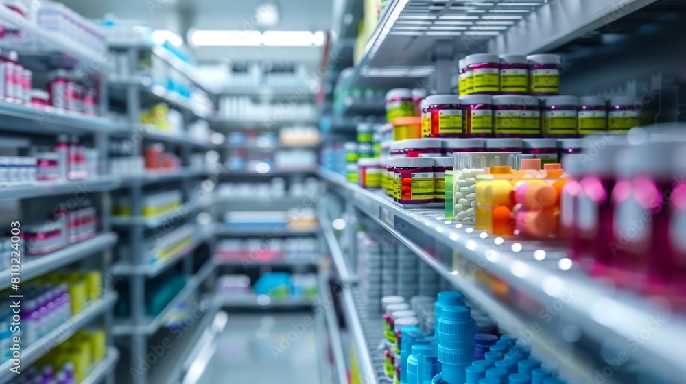 Brightly colored products on shelves in a modern clean pharmacy interior.
