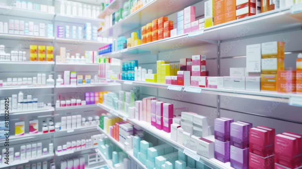 Neatly arranged drugstore shelves filled with assorted medicine boxes.