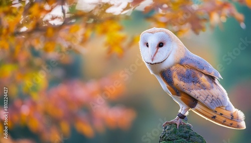 barn owl tyto alba sitting in a tree with autumn colors in the background in noord brabant in the netherlands photo