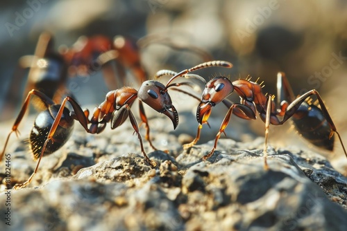 Close-up of two ants socializing on a textured rock, highlighting their intricate interactions and natural details in the light