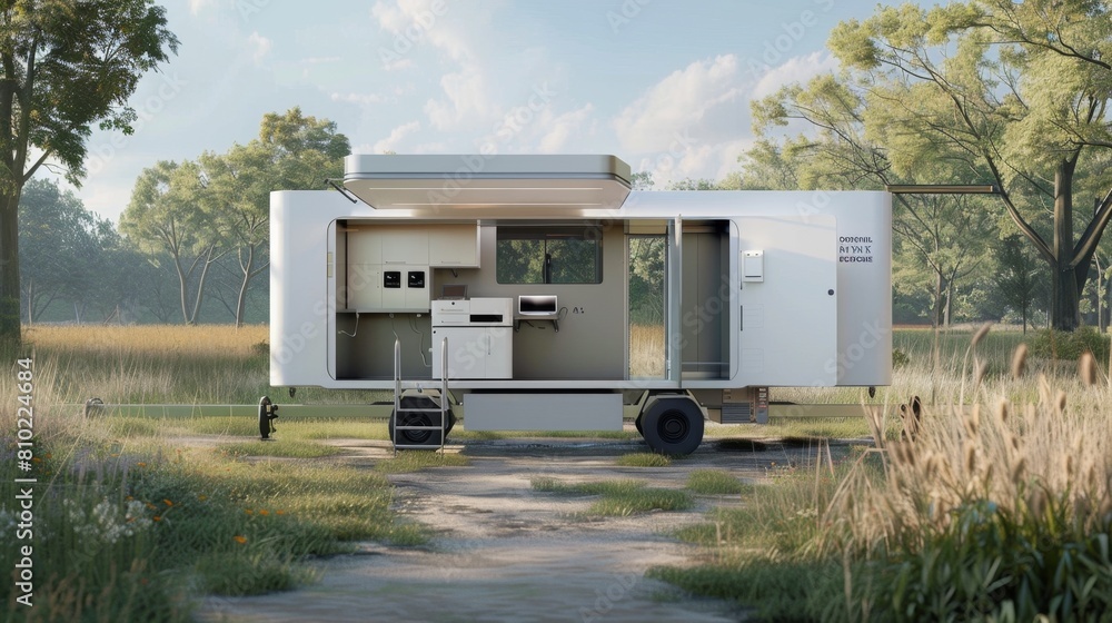 Sleek mobile lab with expandable features parked in a serene forest setting.