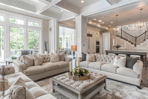 Elegant Open-Concept Living Room with Neutral Tones and Classic Detailing photo